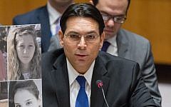 Israel ambassador to the United Nations Danny Danon addresses the UN Security Council on January 17, 2017 (Courtesy)