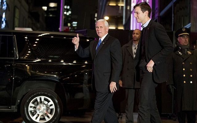 In this Dec. 7, 2016 file photo, Vice President-elect Mike Pence, left, and Jared Kushner, second from right, depart from Trump Tower, in New York. (AP Photo/Andrew Harnik) In this Dec. 7, 2016 file photo, Vice President-elect Mike Pence, left, and Jared Kushner, second from right, depart from Trump Tower, in New York. (AP Photo/Andrew Harnik)