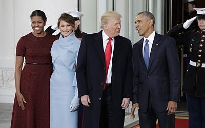 President Barack Obama and first lady Michelle Obama pose with President-elect Donald Trump and his wife Melania at the White House in Washington, Friday, Jan. 20, 2017. (AP Photo/Evan Vucci)
