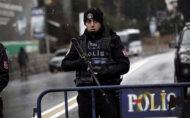 Illustrative: Turkish police officers block the road leading to the scene of an attack in Istanbul, early, January 1, 2017. (AP/Halit Onur Sandal) Illustrative: Turkish police officers block the road leading to the scene of an attack in Istanbul, early, January 1, 2017. (AP/Halit Onur Sandal)