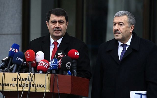 Istanbul Gov. Vasip Sahin (L) accompanied by Police Chief Mustafa Caliskan, talks to the media during a news conference regarding the arrest of a suspect of New Year's nightclub attack in Istanbul, Tuesday, Jan. 17, 2017. (AP Photo/Lefteris Pitarakis) Istanbul Gov. Vasip Sahin (L) accompanied by Police Chief Mustafa Caliskan, talks to the media during a news conference regarding the arrest of a suspect of New Year's nightclub attack in Istanbul, Tuesday, Jan. 17, 2017. (AP Photo/Lefteris Pitarakis)
