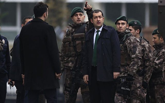 Turkish police officers at Istanbul's headquarters prior to a news conference regarding the arrest of a suspect in the New Year's nightclub attack in Istanbul, January 17, 2017. (AP/Lefteris Pitarakis) Turkish police officers at Istanbul's headquarters prior to a news conference regarding the arrest of a suspect in the New Year's nightclub attack in Istanbul, January 17, 2017. (AP/Lefteris Pitarakis)