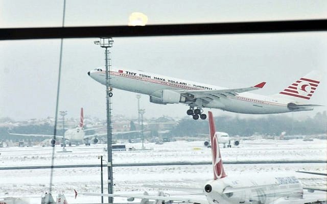 Illustrative: A Turkish Airlines aircraft takes off from Ataturk International Airport in Istanbul, January 8, 2017. (İbrahim Yildlz/DHA-Depo Photos via AP) Illustrative: A Turkish Airlines aircraft takes off from Ataturk International Airport in Istanbul, January 8, 2017. (İbrahim Yildlz/DHA-Depo Photos via AP)