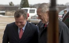 Defense Secretary Jim Mattis greets Jordan's King Abdullah II bin Al-Hussein during an honor cordon at the Pentagon, Monday, Jan. 30, 2017. (AP Photo/Andrew Harnik)