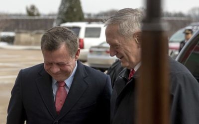 Defense Secretary Jim Mattis greets Jordan's King Abdullah II bin Al-Hussein during an honor cordon at the Pentagon, Monday, Jan. 30, 2017. (AP Photo/Andrew Harnik)