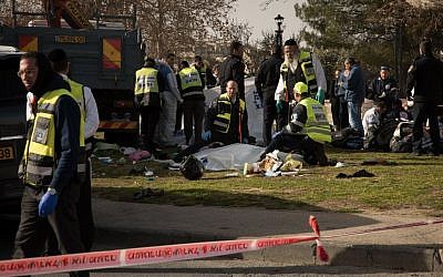 First responders at the scene of a terror attack in Jerusalem, January 8, 2016. (Luke Tress/Times of Israel)