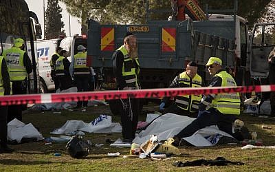 First responders at the scene of a terror attack in Jerusalem, January 8, 2016. (Luke Tress/Times of Israel)