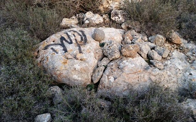 The word "revenge" graffitied onto rocks at the site where 12 olive trees belonging to Palestinian farmers were uprooted near the West Bank town of Turmus Aya, January 18, 2017. (Yesh Din)