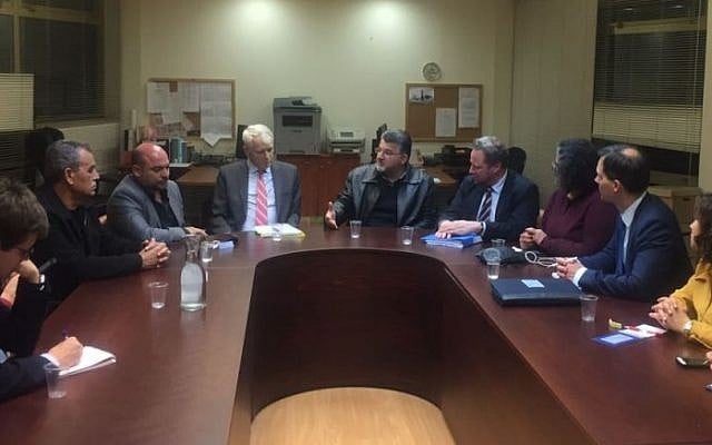 Lawmakers from the Joint (Arab) List meet with European Union representatives in the Knesset, January 18, 2017. (Courtesy) Lawmakers from the Joint (Arab) List meet with European Union representatives in the Knesset, January 18, 2017. (Courtesy)