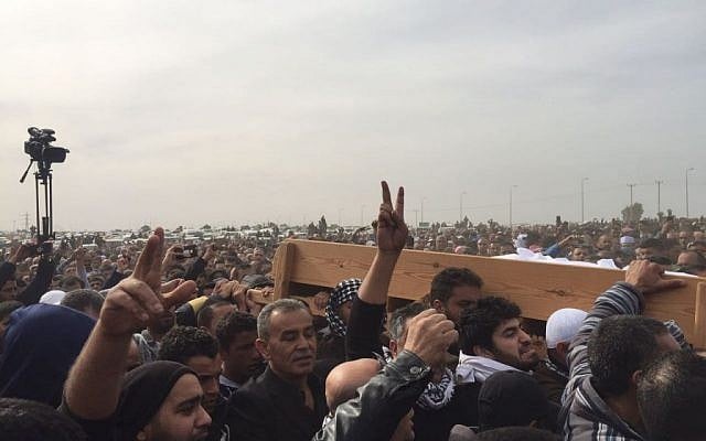Mourners carry the coffin of Yaqoub Mousa Abu Al-Qia'an, from the Bedouin village of Umm al-Hiran, during his funeral near Hura on January 24, 2017. (Courtesy) Mourners carry the coffin of Yaqoub Mousa Abu Al-Qia'an, from the Bedouin village of Umm al-Hiran, during his funeral near Hura on January 24, 2017. (Courtesy)