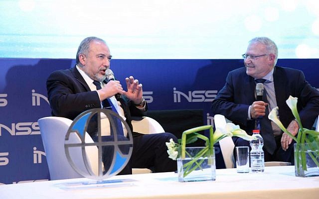 Defense Minister Avigdor Liberman, left, at a INSS conference in Tel Aviv, January 24, 2017 (Hen Galili) Defense Minister Avigdor Liberman, left, at a INSS conference in Tel Aviv, January 24, 2017 (Hen Galili)