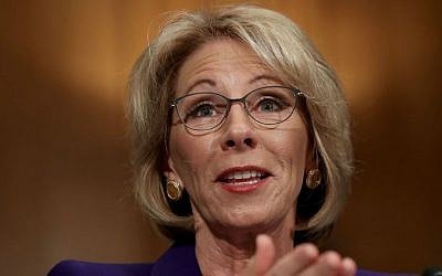 Betsy DeVos testifying at her Senate confirmation for education secretary in Washington, DC, January 17, 2017. (Chip Somodevilla/Getty Images/via JTA)