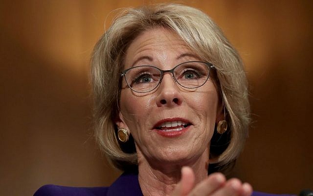 Betsy DeVos testifying at her Senate confirmation for education secretary in Washington, DC, January 17, 2017. (Chip Somodevilla/Getty Images/via JTA) Betsy DeVos testifying at her Senate confirmation for education secretary in Washington, DC, January 17, 2017. (Chip Somodevilla/Getty Images/via JTA)