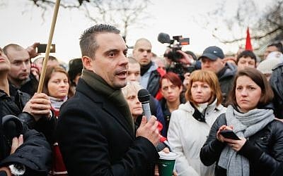 Far-right Hungarian MP Gabor Vona speaks to a crowd on January 26, 2014 in London, England. (Dan Dennison/Getty Images via JTA)