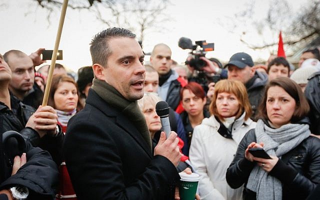 Far-right Hungarian MP Gabor Vona speaks to a crowd on January 26, 2014 in London, England. (Dan Dennison/Getty Images via JTA) Far-right Hungarian MP Gabor Vona speaks to a crowd on January 26, 2014 in London, England. (Dan Dennison/Getty Images via JTA)