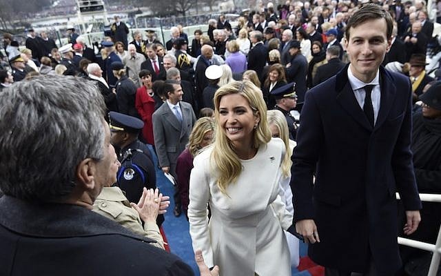Ivanka Trump and husband Jared Kushner leave after the Presidential Inauguration at the US Capitol on January 20, 2017 in Washington, DC. (Saul Loeb - Pool/Getty Images, via JTA)