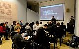 Even Frankel, Educational Programs Manager of the nonprofit organization Start-Up Nation Central, front and center, gives young professionals an in-depth look at Israel’s tech industry during Masa Israel Journey’s “Masa Fast Forward” conference at the Yitzhak Rabin Center in Tel Aviv on Sunday, January 15, 2017  (Courtesy)