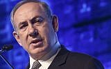 Prime Minister Benjamin Netanyahu speaks at the Cybertech Israel Conference and Exhibition, in Tel Aviv on January 31, 2017. (Photo by Miriam Alster/Flash90)