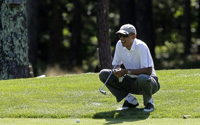 Then-US president Barack Obama golfing at Oak Bluffs, Mass., Aug. 9, 2014. (Matthew Healey/Bloomberg/Getty Images via JTA) Then-US president Barack Obama golfing at Oak Bluffs, Mass., Aug. 9, 2014. (Matthew Healey/Bloomberg/Getty Images via JTA)