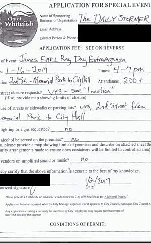 Application for neo-Nazi march through Whitefish, Montana, January 5, 2017 (Screen capture: Daily Stormer)