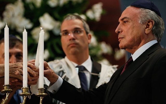 Brazilian President Michel Temer attending an International Holocaust Remembrance Day service at Congregacao Israelita Paulista synagogue in Sao Paulo, January 27, 2017. (Beto Barata/PR via JTA) Brazilian President Michel Temer attending an International Holocaust Remembrance Day service at Congregacao Israelita Paulista synagogue in Sao Paulo, January 27, 2017. (Beto Barata/PR via JTA)