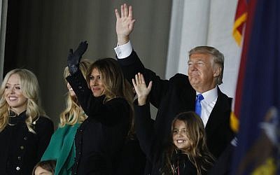 President-elect Donald Trump and family pose at the end of the inauguration concert at the Lincoln Memorial January 19, 2017 in Washington, DC. (Aaron P. Bernstein/Getty Images, via JTA)