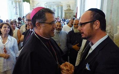 Palermo Archbishop Corrado Lorefice, left, with Shavei Israel’s emissary to Sicily, Rabbi Pinhas Punturello. (Courtesy of Shavei Israel)