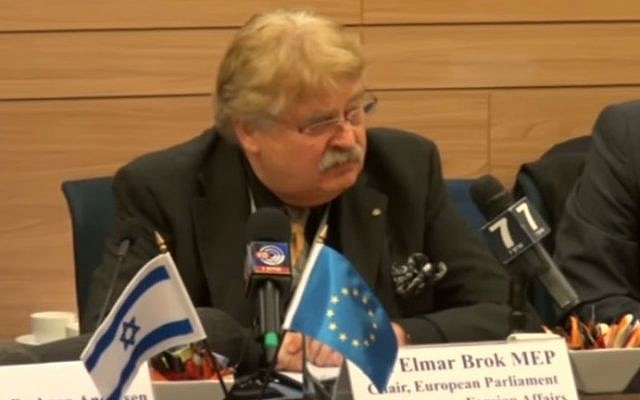 Elmar Brok, Chairman of the EU Parliament's Foreign Affairs Committee, at the Knesset, January 3, 2017 (YouTube screenshot/Arutz Sheva)