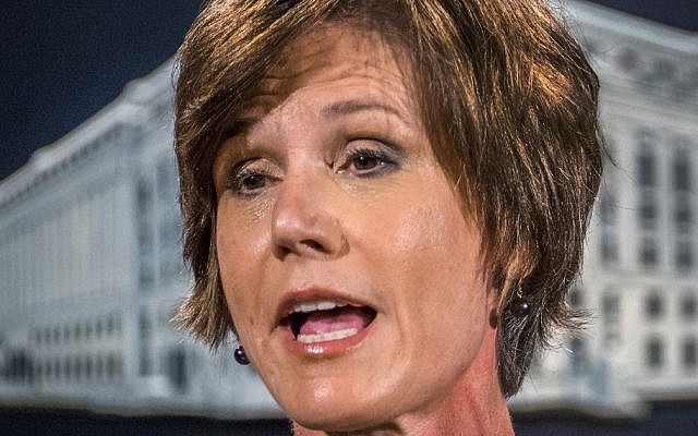 In this June 28, 2016, file photo, then-Deputy Attorney General Sally Yates speaks at the Justice Department in Washington. On Monday, Jan. 30, 2017, President Donald Trump fired acting Attorney General Sally Yates after she ordered Justice Department lawyers to stop defending refugee ban. (AP/J. David Ake, File) In this June 28, 2016, file photo, then-Deputy Attorney General Sally Yates speaks at the Justice Department in Washington. On Monday, Jan. 30, 2017, President Donald Trump fired acting Attorney General Sally Yates after she ordered Justice Department lawyers to stop defending refugee ban. (AP/J. David Ake, File)