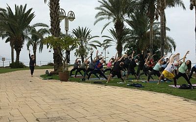 Participants in a specialized Birthright trip focused on yoga. (Courtesy of Hillel International/via JTA)