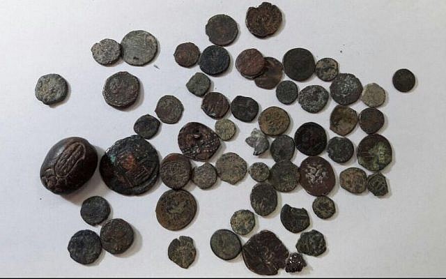 Ancient coins confiscated by Israeli authorities from Palestinian man crossing into the West Bank at the Allenby Bridge on February 16, 2017. (Israel Customs Authority) Ancient coins confiscated by Israeli authorities from Palestinian man crossing into the West Bank at the Allenby Bridge on February 16, 2017. (Israel Customs Authority)