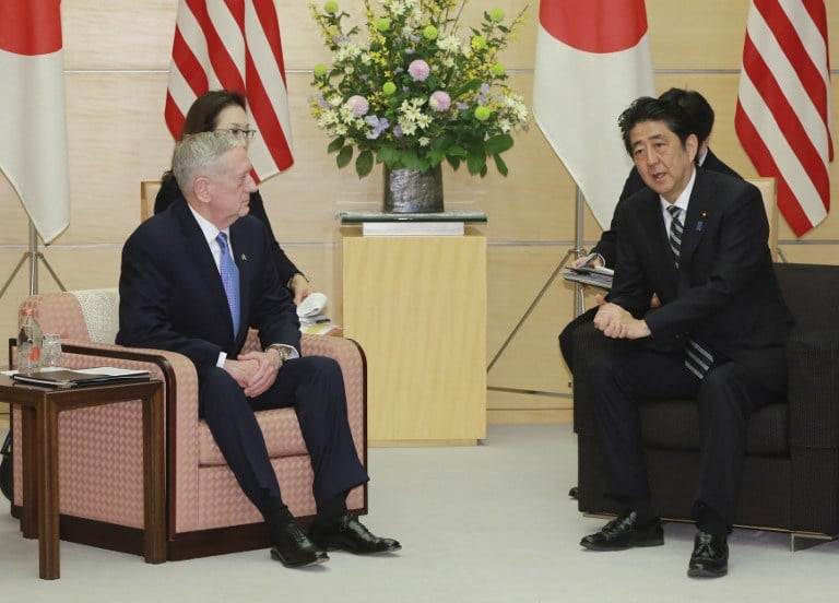 US Defense Secretary James Mattis (L) and Japanese Prime Minister Shinzo Abe (R) speak at the prime minister's office in Tokyo on February 3, 2017. (Eugene Hoshiko/AFP) US Defense Secretary James Mattis (L) and Japanese Prime Minister Shinzo Abe (R) speak at the prime minister's office in Tokyo on February 3, 2017. (Eugene Hoshiko/AFP)
