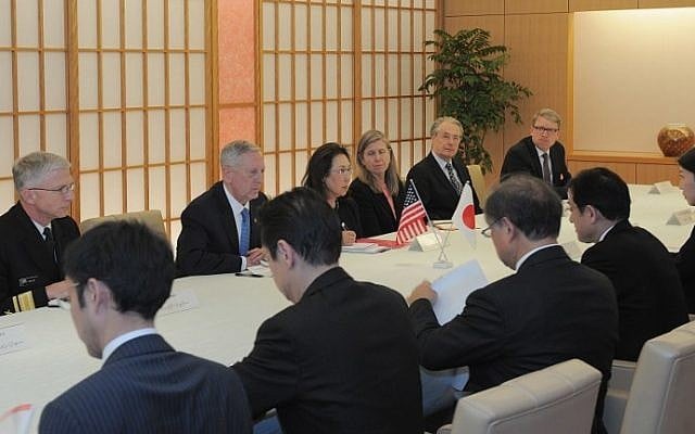 US Defense Secretary James Mattis (2nd L, on left side of table) attends a meeting with Japanese Minister of Foreign Affairs Fumio Kishida (2nd R, on right side) in Tokyo on February 3, 2017. (David Mareuil/AFP) US Defense Secretary James Mattis (2nd L, on left side of table) attends a meeting with Japanese Minister of Foreign Affairs Fumio Kishida (2nd R, on right side) in Tokyo on February 3, 2017. (David Mareuil/AFP)