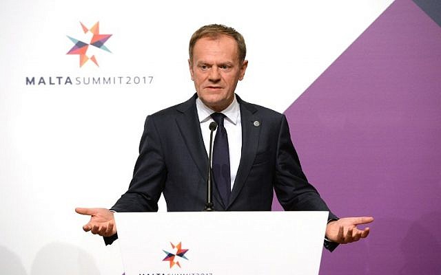 President of the European Council Donald Tusk attends a press conference during an European Union summit in Valletta, Malta, February 3, 2017. (AFP/Matthew Mirabelli)
