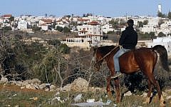 A picture taken on February 5, 2017, from the West Bank city of Hebron shows a Palestinian boy riding a horse, with the Israeli settlement of Givat Harsina appearing in the background. (AFP PHOTO / HAZEM BADER)