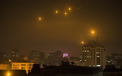 Flares fired by Israeli forces to check the border are seen over Gaza City on February 6, 2017. Throughout the day, Israel struck a number of Hamas positions in Gaza after a rocket fired from the Palestinian enclave hit southern Israel. (Mahmud Hams/AFP) Flares fired by Israeli forces to check the border are seen over Gaza City on February 6, 2017. Throughout the day, Israel struck a number of Hamas positions in Gaza after a rocket fired from the Palestinian enclave hit southern Israel. (Mahmud Hams/AFP)