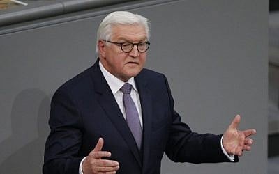 Newly elected German President Frank-Walter Steinmeier delivers a speech after the presidential election at the Bundesversammlung federal assembly Bundestag (lower house of parliament) on February 12, 2017, in Berlin. (AFP PHOTO / Axel Schmidt)
