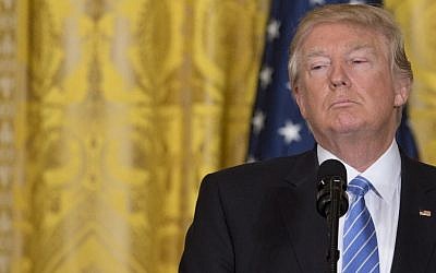 US President Donald Trump speaks during a joint press conference with Israeli Prime Minister Benjamin Netanyahu (not seen) in the East Room of the White House in Washington, DC, February 15, 2017. (AFP/ SAUL LOEB)