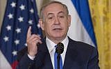 Prime Minister Benjamin Netanyahu speaks during a joint press conference with US President Donald Trump in the East Room of the White House in Washington, DC, February 15, 2017. (AFP PHOTO / SAUL LOEB)