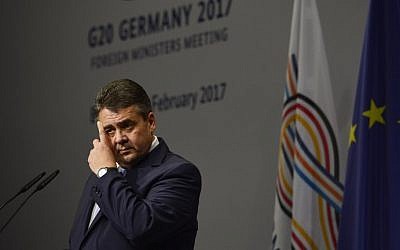 German Foreign Minister Sigmar Gabriel speaks during the G-20 foreign ministers' meeting at the World Conference Center on February 16, 2017 in Bonn, Germany. (AFP Photo/Sascha Schuermann)