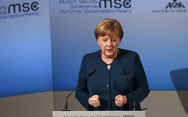 German Chancellor Angela Merkel delivers a speech on the second day of the 53rd Munich Security Conference in Munich, southern Germany, on February 18, 2017. (AFP/Christof Stache) German Chancellor Angela Merkel delivers a speech on the second day of the 53rd Munich Security Conference in Munich, southern Germany, on February 18, 2017. (AFP/Christof Stache)