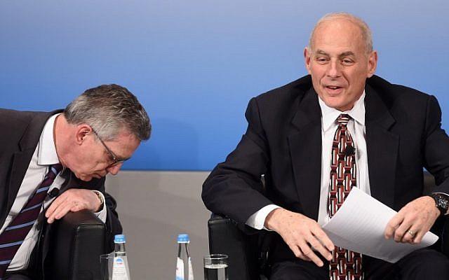 German Interior Minister Thomas de Maiziere (L) looks down beside of US Secretary of Homeland Security John Kelly (R) during a talk on the second day of the 53rd Munich Security Conference at the Bayerischer Hof hotel in Munich, southern Germany, on February 18, 2017. (AFP/Christof Stache) German Interior Minister Thomas de Maiziere (L) looks down beside of US Secretary of Homeland Security John Kelly (R) during a talk on the second day of the 53rd Munich Security Conference at the Bayerischer Hof hotel in Munich, southern Germany, on February 18, 2017. (AFP/Christof Stache)