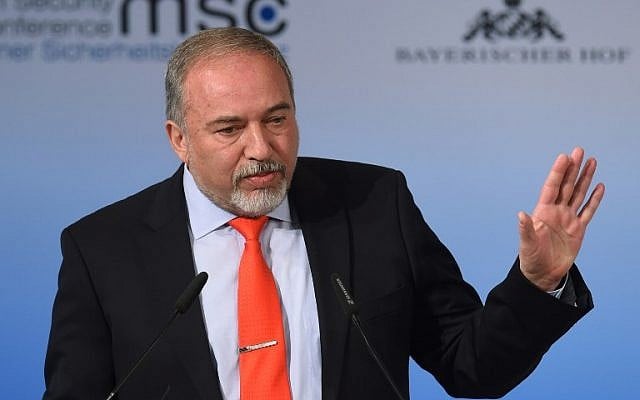 Defense Minister Avigdor Lieberman delivers a speech at the third day of the 53rd Munich Security Conference (MSC) at the Bayerischer Hof hotel in Munich, Germany, on February 19, 2017. (Christof Stache/AFP) Defense Minister Avigdor Lieberman delivers a speech at the third day of the 53rd Munich Security Conference (MSC) at the Bayerischer Hof hotel in Munich, Germany, on February 19, 2017. (Christof Stache/AFP)