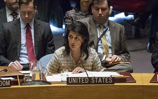 US Ambassador to the United Nations Nikki Haley speaks at a Security Council meeting on February 21, 2017 at UN Headquarters in New York. (Kena Betancur/AFP) US Ambassador to the United Nations Nikki Haley speaks at a Security Council meeting on February 21, 2017 at UN Headquarters in New York. (Kena Betancur/AFP)