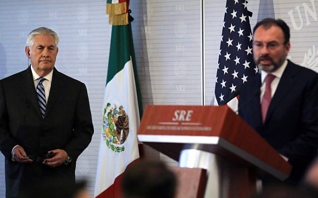 US Secretary of State Rex Tillerson, left, listens to Mexican Foreign Minister Luis Videgaray as they offer a joint press conference at the Foreign Ministry building in Mexico City on February 23, 2017. (Carlos Barria/Pool/AFP) US Secretary of State Rex Tillerson, left, listens to Mexican Foreign Minister Luis Videgaray as they offer a joint press conference at the Foreign Ministry building in Mexico City on February 23, 2017. (Carlos Barria/Pool/AFP)