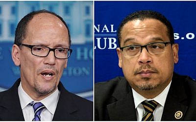 These two file photos show then Labor Secretary Thomas Perez (L) at the White House in Washington, DC, on February 12, 2014; and Minnesota Democratic Congressman Keith Ellison (R) at the National Press Club on May 24, 2016 in Washington, DC. (AFP PHOTO / Mandel NGAN AND Brendan SMIALOWSKI)