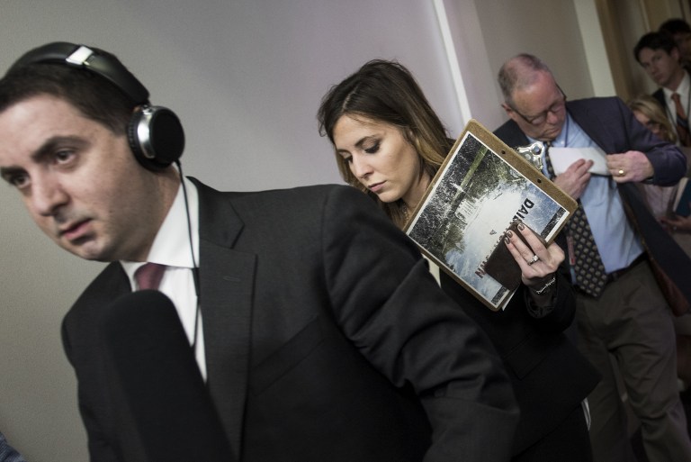 A small group of reporters leave an off camera briefing held with White House Press Secretary Sean Spicer instead of the normal on camera briefing in the White House February 24, 2017 in Washington, DC. (AFP PHOTO / Brendan Smialowski) A small group of reporters leave an off camera briefing held with White House Press Secretary Sean Spicer instead of the normal on camera briefing in the White House February 24, 2017 in Washington, DC. (AFP PHOTO / Brendan Smialowski)