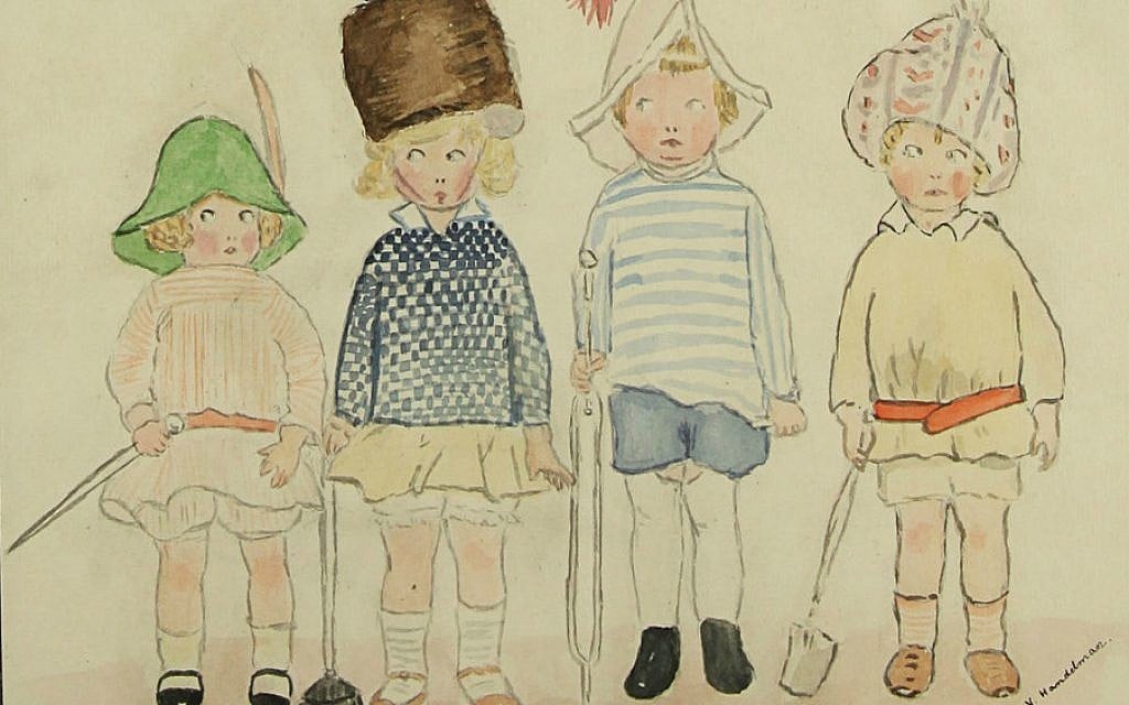 'Eyes Right,' a drawing from London's Liberal Jewish Synagogue's WWI-era archive of children's artwork, digitized and uploaded to the We Were There Too website. (Courtesy LSJ/WWTT) 'Eyes Right,' a drawing from London's Liberal Jewish Synagogue's WWI-era archive of children's artwork, digitized and uploaded to the We Were There Too website. (Courtesy LSJ/WWTT)