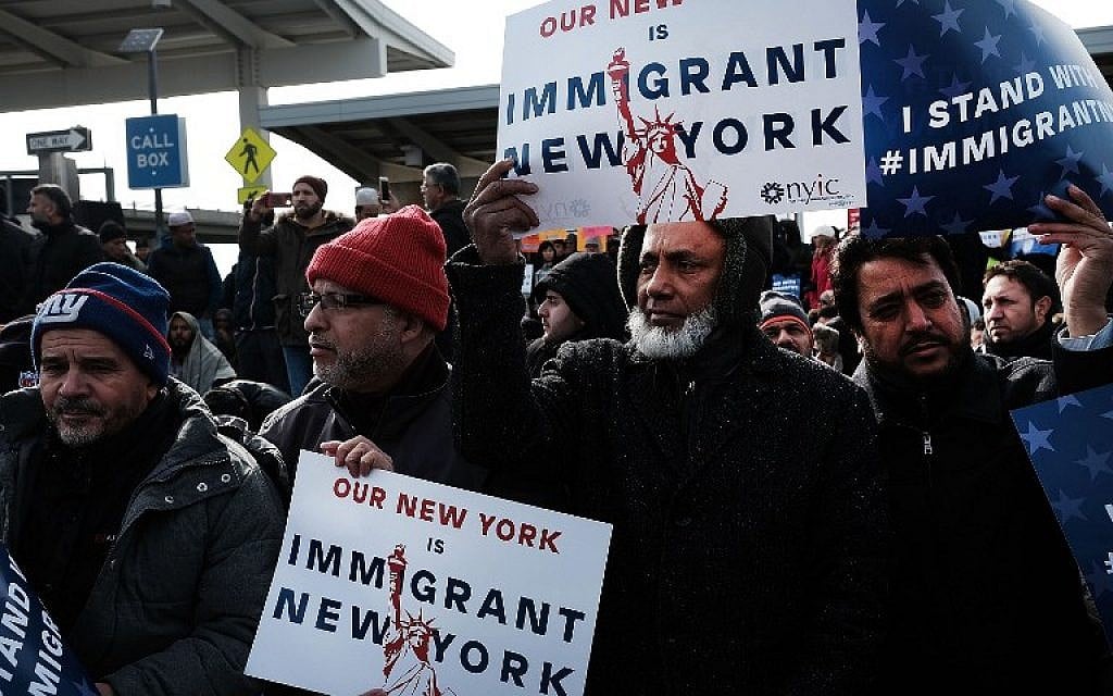 Muslim men attend a prayer and demonstration at JFK airport in New York City on February 3, 2017 to protest President Donald Trump's executive order banning immigrants and refugees from seven Muslim-majority countries. (Spencer Platt/Getty Images/AFP)