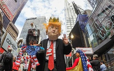 A man disguised as President Trump takes part in a rally called 'I Am A Muslim Too' in a show of solidarity with American Muslims at Times Square on February 19, 2017 in New York City. (Eduardo Munoz Alvarez/AFP)